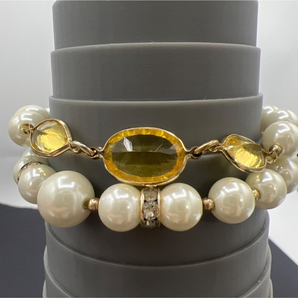 Vintage Napier Double Strand Bracelet Faux Pearl Yellow Crystal Gold Tone 6.5" - Picture 3 of 8